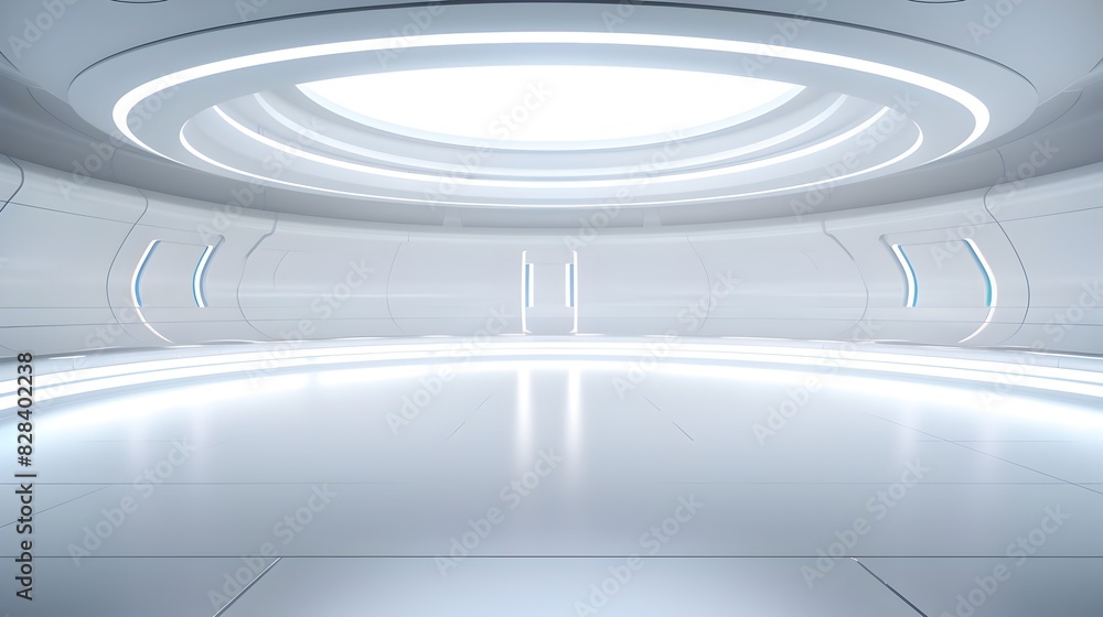 Fototapeta premium Empty Futuristic Room in Perspective View with Ceiling Lights and White Floor