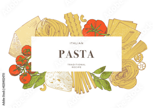 Pasta with cheese and tomatoes, sketchy hand drawn illustration, frame composition, food background, border design