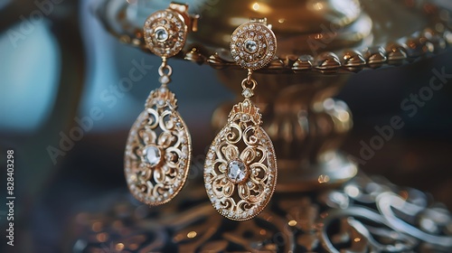 A pair of elegant drop earrings featuring intricate lace-inspired designs and sparkling gemstone accents, perfect for special occasions photo