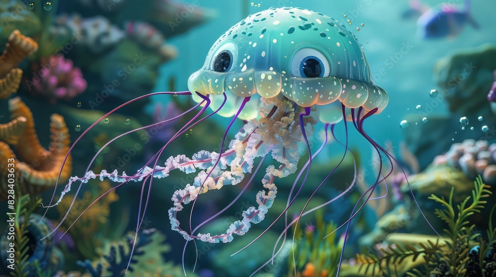 A whimsical 3D cartoon jellyfish with big, expressive eyes, its tentacles gently swaying as it drifts through an underwater coral reef. A whimsical 3D cartoon jellyfish with big, expressive eyes, its tentacles gently swaying as it drifts through an underwater coral reef.