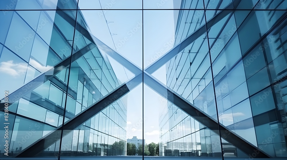 Obraz premium Sleek Glass and Steel Facade of a Contemporary Office Building Towering Against the Sky