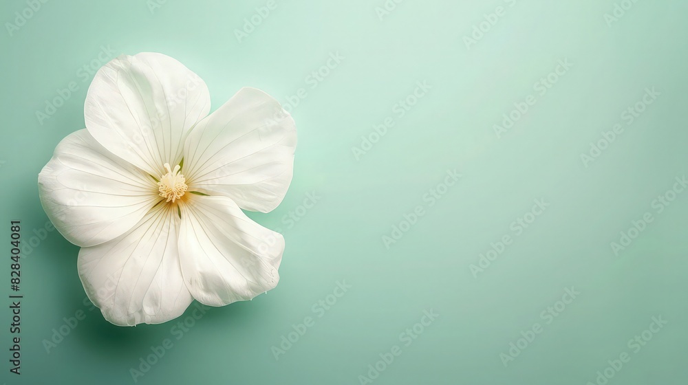 Fototapeta premium A white Snapdragon flower isolated on a pastel mint background, creating a clean and crisp image that emphasizes purity and simplicity.