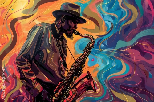 African-American   Black Jazz musician playing saxophone  abstract background  