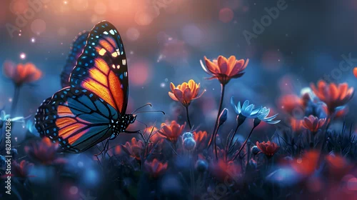 Obraz Un papillon monarque, aux ailes orange et noires, se pose délicatement sur une fleur colorée du jardin, capturant la beauté de l'été en gros plan.
