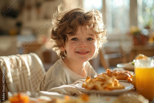 A happy young boy with a mischievous grin  sitting at a table in a bright room  eagerly devouring his favorite snack. The table is arranged with a variety of appetizing foods  and the room is