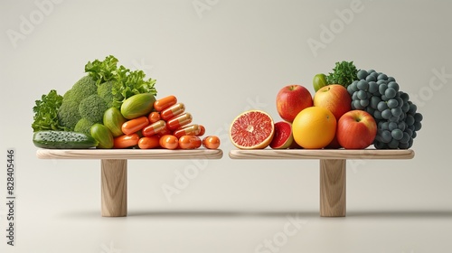 Vegetables and vitamins capsules vs fruits, nutrition diet healthy photo