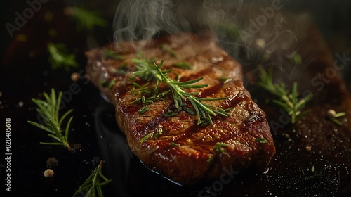 Steak cooking on a grill with steam