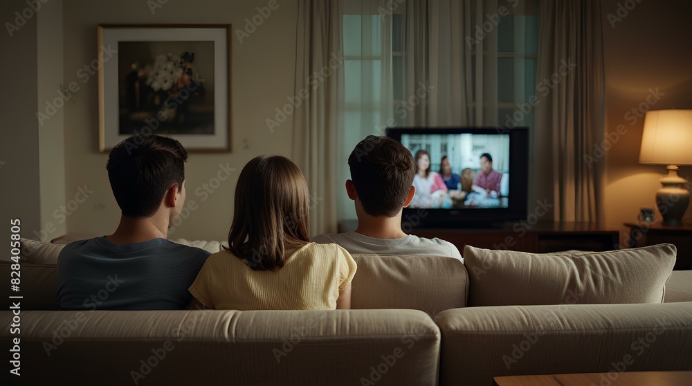 A family sitting on sofa in living room and watching television, back view angle. A family sitting on sofa in living room and watching television, back view angle.