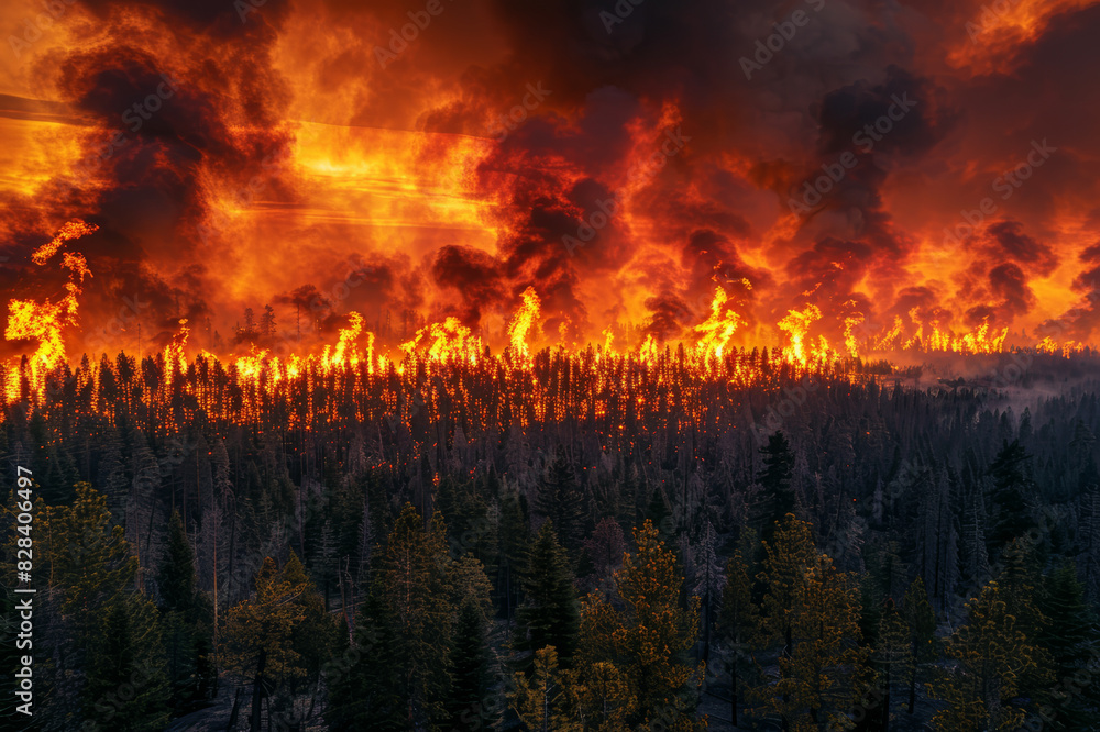 A vast forest engulfed in towering flames, with thick smoke filling the sky, showcasing the devastating power of an active wildfire.. AI generated. A vast forest engulfed in towering flames, with thick smoke filling the sky, showcasing the devastating power of an active wildfire.. AI generated.
