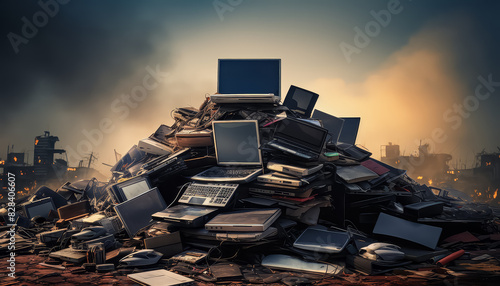 A pile of old electronic devices, including a keyboard, a computer monitor
