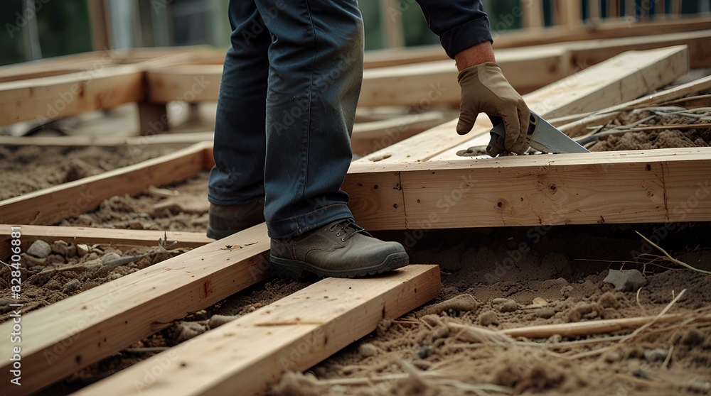 Cropped photo of a construction worker on the house carcass for building. Cropped photo of a construction worker on the house carcass for building.