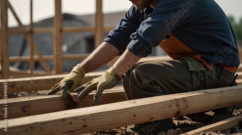 Cropped photo of a construction worker on the house carcass for building. © R-CHUN