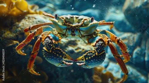 Close-up of a large colorful crab all alone swimming under the sea.