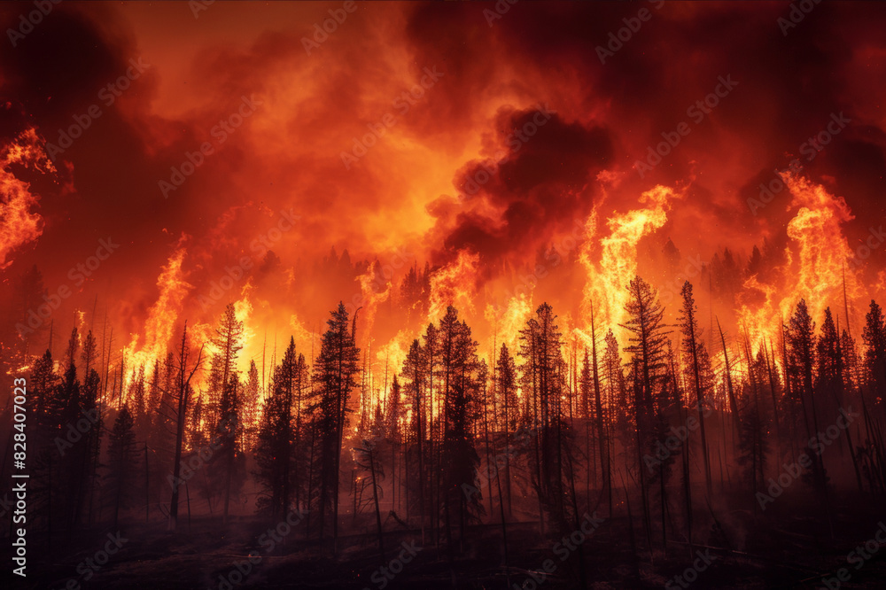 A vast forest engulfed in towering flames, with thick smoke filling the sky, showcasing the devastating power of an active wildfire.. AI generated. A vast forest engulfed in towering flames, with thick smoke filling the sky, showcasing the devastating power of an active wildfire.. AI generated.