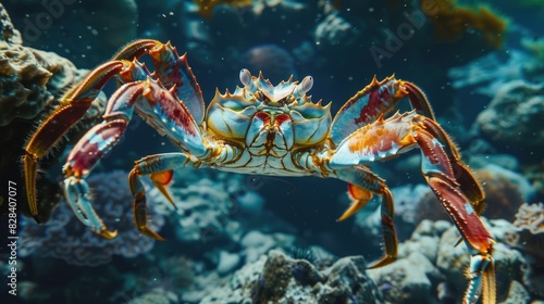 Close-up of a large colorful crab all alone swimming under the sea.