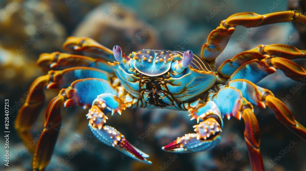 Close-up of a large colorful crab all alone swimming under the sea. Close-up of a large colorful crab all alone swimming under the sea.