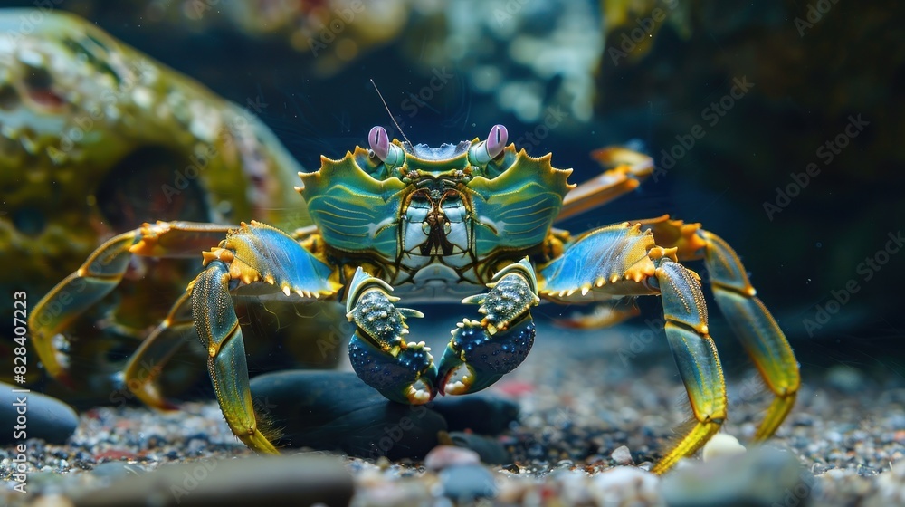 Close-up of a large colorful crab all alone swimming under the sea. Close-up of a large colorful crab all alone swimming under the sea.