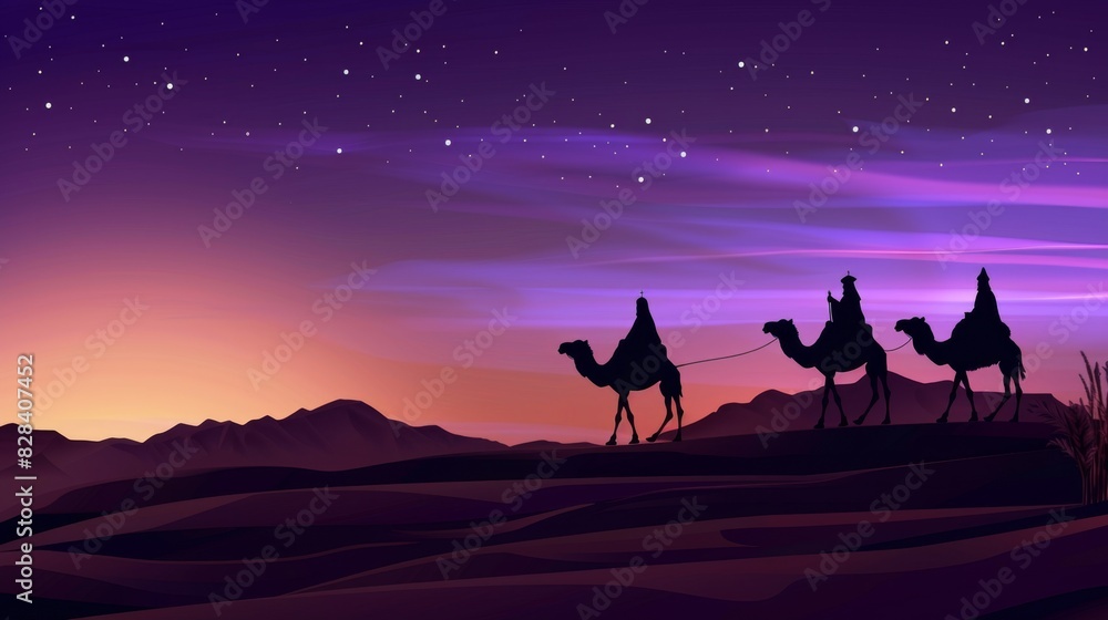 Fototapeta premium Silhouette of three wise men on camels in the desert with a starry glowing sky past sunset.