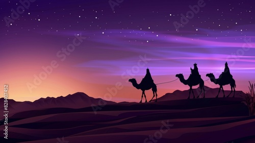 Silhouette of three wise men on camels in the desert with a starry glowing sky past sunset.