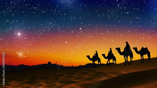 Silhouette of on camels in the desert with a starry sky at sunset, a panoramic banner.