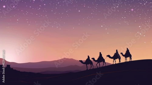 Silhouette of tourists on camels in the desert with a starry sky at sunset  stylized  never ending time  a panoramic banner for Christmas background.