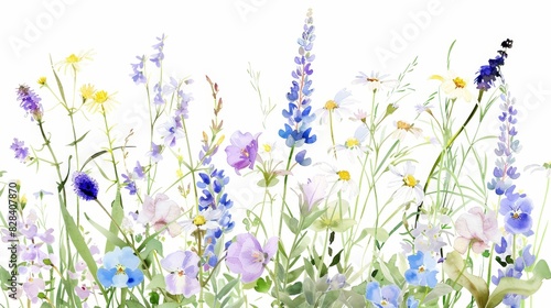 Spring wildflowers watercolor desktop wallpaper in blues and purples