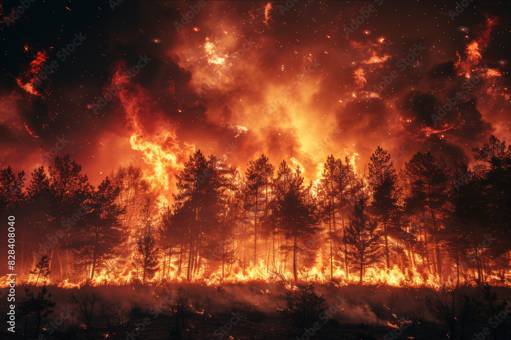 An intense scene of wildfires with flames licking the trees and a smoke-filled sky, demonstrating the chaos and danger of this natural disaster.. AI generated. An intense scene of wildfires with flames licking the trees and a smoke-filled sky, demonstrating the chaos and danger of this natural disaster.. AI generated.