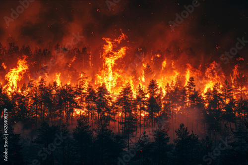 An intense scene of wildfires with flames licking the trees and a smoke-filled sky  demonstrating the chaos and danger of this natural disaster.. AI generated.