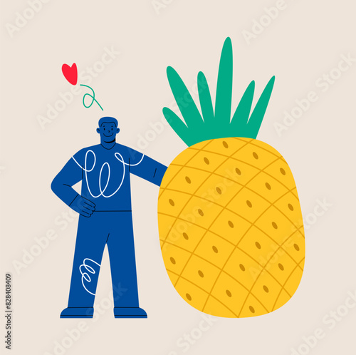 Man holding huge pineapple. Colorful vector illustration
