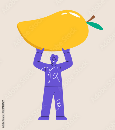 Man holding huge mango. Colorful vector illustration