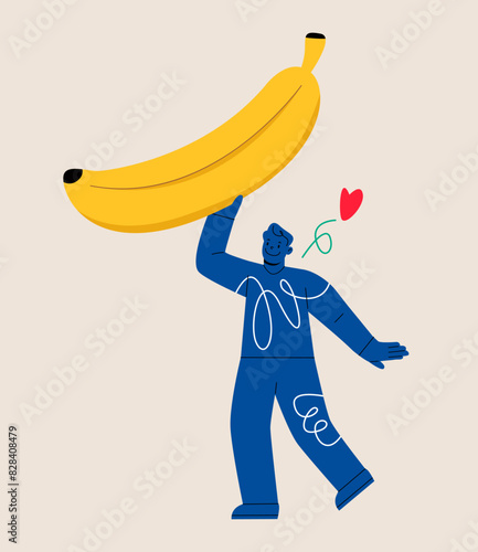 Man holding huge yellow banana fruit. Colorful vector illustration
