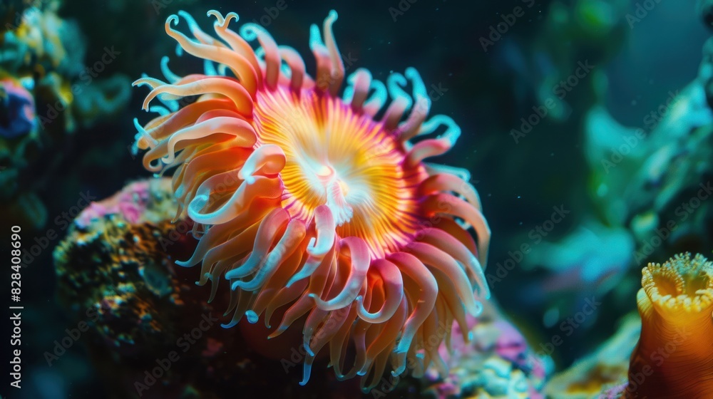 Close-up of a large colorful sea anemone swimming alone under the sea. Close-up of a large colorful sea anemone swimming alone under the sea.