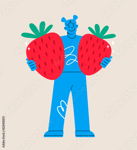 Woman holding huge strawberrys. Colorful vector illustration
