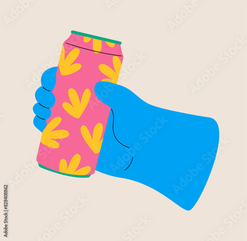 Hand holding tin can with cold soda drink. Colorful vector illustration