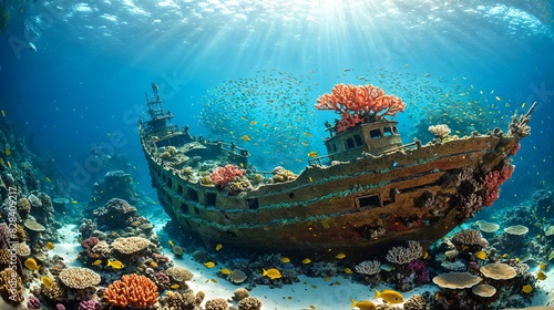 Sunken Shipwreck Resting Among Colorful Coral Reefs. Underwater. Ocean. Sea. Diving. © SpacePhotos