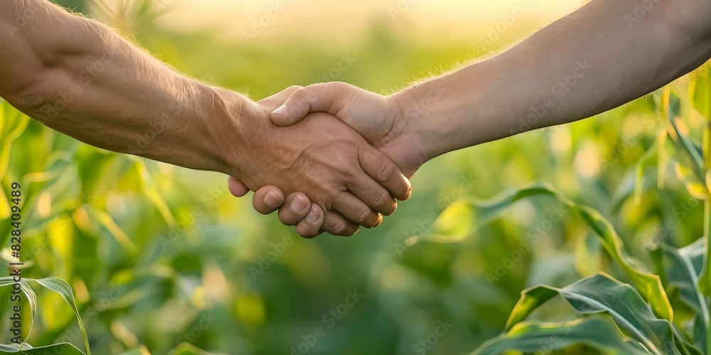 Partnership Success: Farmers Shaking Hands in Cornfield. Concept Agricultural Collaboration, Farming Community, Successful Harvest Partnership, Celebrating Agriculture Partnership Success: Farmers Shaking Hands in Cornfield. Concept Agricultural Collaboration, Farming Community, Successful Harvest Partnership, Celebrating Agriculture