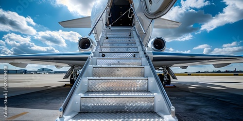 Open ladder on private business jet for boarding and disembarking passengers. Concept Private Jet Boarding Experiences, Luxury Travel, Exclusive Transportation, VIP Airport Services photo