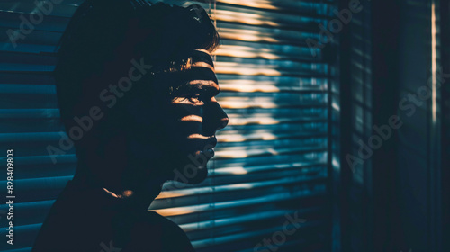Man in shadow by window blinds. Moody image of a man silhouetted against window blinds, sunlight creating lines of light and shadow.