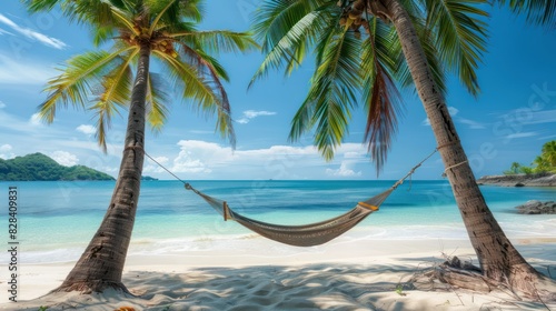 A scenic view of a tropical island with a hammock strung between two palm trees  gently swaying in the breeze over white sandy shores