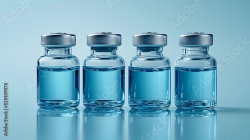 Four glass vials filled with blue liquid, lined up against a light blue background, representing medical or scientific research.