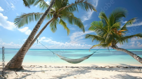 A scenic view of a tropical island with a hammock strung between two palm trees  gently swaying in the breeze over white sandy shores 