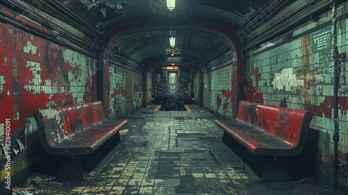 Fototapeta Naklejka Na Ścianę i Meble -  Vintage subway corridor with worn-out benches and peeling paint, exuding an eerie atmosphere in a seemingly abandoned underground space.