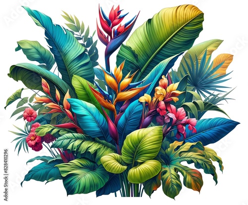 A vibrant and colorful illustration of Canna foliage with different types of tropical flowers