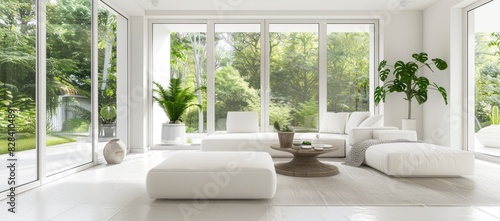 Minimalist living room in white color with a white sofa bed  large windows capturing a bright summer garden  and minimalist accents