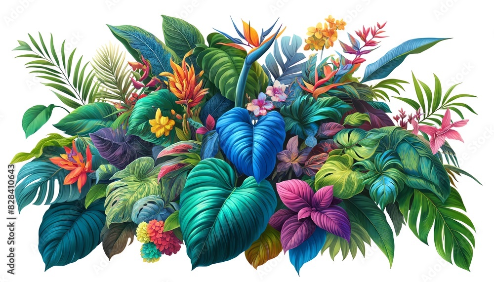 A vibrant and colorful illustration of Pothos foliage with different types of tropical flowers A vibrant and colorful illustration of Pothos foliage with different types of tropical flowers