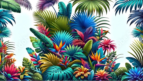 A vibrant and colorful illustration of Parlor palm foliage with different types of tropical flowers photo