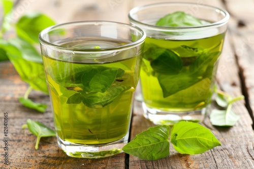 Fresh green tea in transparent glasses with leaves on wooden background