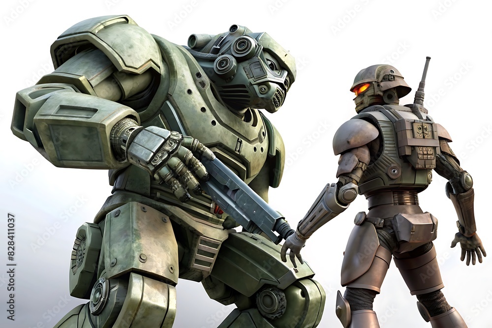 A determined cyborg warrior battling against soldier, isolated on white background.
A determined cyborg warrior battling against soldier, isolated on white background.