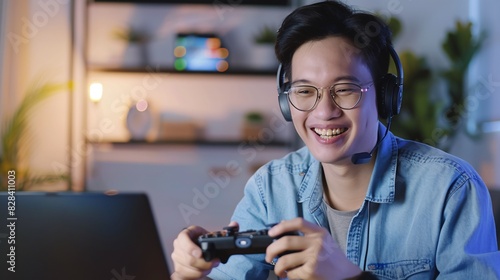 An Asian content creator using a computer, headset, and controller to livestream gaming and teach online.