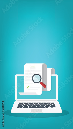 Document inspection. Online digital document inspection or assessment evaluation on laptop computer, contract review, analysis, inspection of agreement contract, compliance verification.